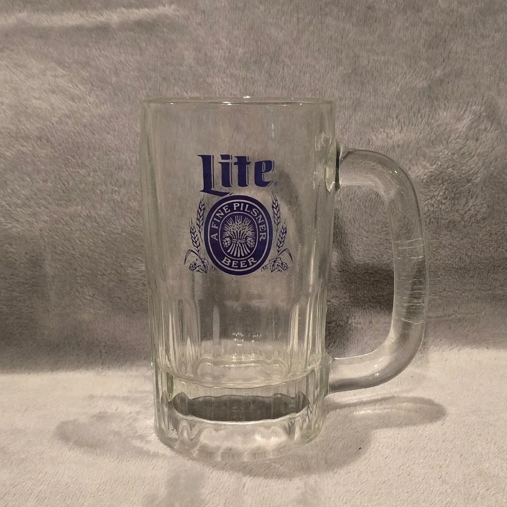 Vintage Miller Lite Beer Stein Fine Pilsner Beer Glass Mug Clear Blue Logo 5.25